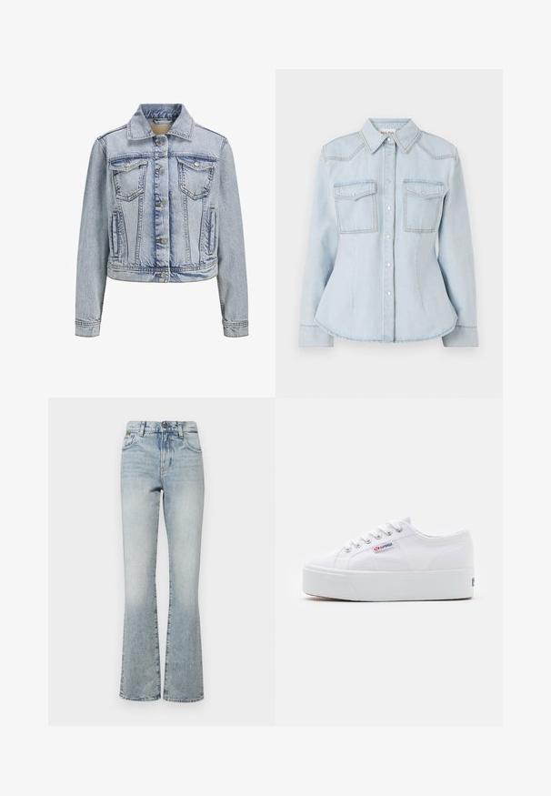 Svetlomodrá džínová bunda s golierom, predným zapínaním na gombíky, dvoma vreckami na hrudi a skráteným strihom. Obsahuje viditeľné švy.; Svetlomodrá denim košeľa s priliehavým strihom, špicatým golierom, dvoma náprsními vreckami a kontrastným stehom. Obsahuje zapínanie na gombíky a dlhé rukávy.; Světle modré džíny s rozšířenými nohavicemi a vysokým pasem, se pěti kapsami a minimálním kovovým doplňkem. Materiál má hladkou texturu a vybledlý vzhled.; Biele plátenné tenisky s hrubou bielou platformou, okrúhlou špičkou a kovovými očkami na šnúrky. Logo značky zobrazené na boku.