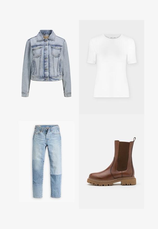 Lys blå denimjakke med krave, knaplukning foran, to brystlommer og en cropped design. Har synlige syninger.; Hvid T-shirt med rund hals, korte ærmer, slank pasform og ribbet stofstruktur, vist på en ensfarvet lys grå baggrund.; Lyseblå denimjeans med et unikt paneldesign med varierende nuancer og teksturer. Klassisk fem-lomme stil med lynlås.; Brune læder ankelstøvle med elastiske paneler og en trækflap. Har en kraftig gummisål og synlige stikninger langs kanterne.