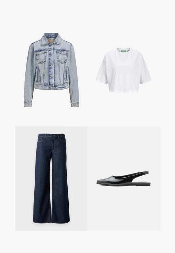 Lys blå denimjakke med krave, knaplukning foran, to brystlommer og en cropped design. Har synlige syninger.; Hvid cropped t-shirt lavet af bomuld, med korte ærmer og rund hals. Grøn label indeni med synligt mærkenavn.; Bredde ben jeans i mørkeblå denim. Har kontrastsyninger, fem lommer og en knaplukning i taljen. Glat tekstur.; Sort laklæder flad slingback-sko med spids tå og lav hæl på hvid baggrund.