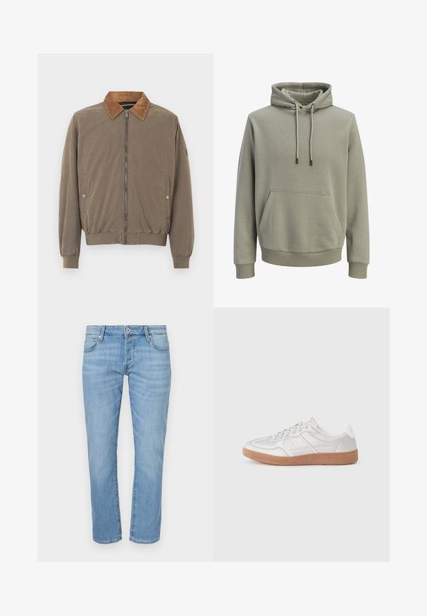 Veste aviateur marron avec col en velours côtelé, fermeture éclair à l'avant, poignets élastiques, ourlet élastiqué et deux poches latérales à boutons-pression.; Sweat à capuche vert olive clair avec poche kangourou à l'avant, cordons de serrage, et poignets et ourlet côtelés.; Jean en denim bleu clair avec une coupe droite, doté d'une braguette zippée, de cinq poches et d'une texture subtilement délavée. Taille mi-haute.; Baskets argentées avec une texture lisse, un design à lacets, des accents perforés et une semelle en caoutchouc marron texturé.