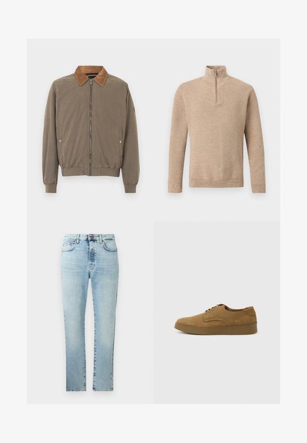 Veste aviateur marron avec col en velours côtelé, fermeture éclair à l'avant, poignets élastiques, ourlet élastiqué et deux poches latérales à boutons-pression.; Pull en maille beige texturé avec manches longues et une courte fermeture éclair frontale s'étendant jusqu'au col montant, présenté sur un fond uni.; Jeans en denim bleu clair à coupe droite, avec un design à cinq poches et une fermeture à bouton en laiton. Présente un délavage subtil et des détails de couture.; Chaussure décontractée à lacets en daim marron avec semelle en caoutchouc plate, vue de côté sur un fond clair uni.