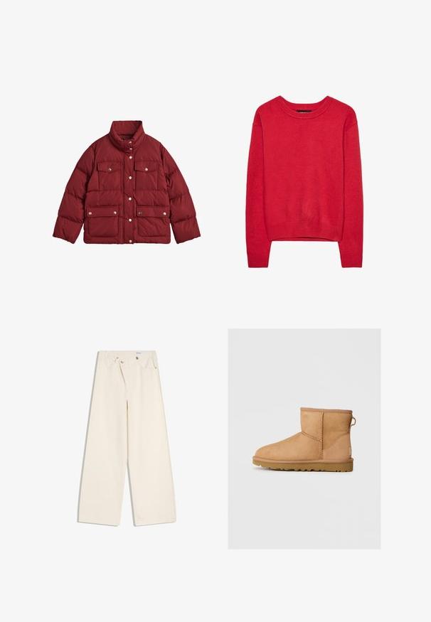 GANT ACTIVE CLOUD - Veste d'hiver - carbernet red; Pull rouge à manches longues avec col rond, poignets, col et ourlet côtelés, présenté sur un fond blanc.; Pantalon large couleur écru avec poches avant, passants pour ceinture, et boutons argentés sur la ceinture et les bords des poches.; Bottines en suède beige avec bout rond, détails cousus, tirant à l'arrière et semelle en caoutchouc texturé. Conçues pour le confort et la chaleur.