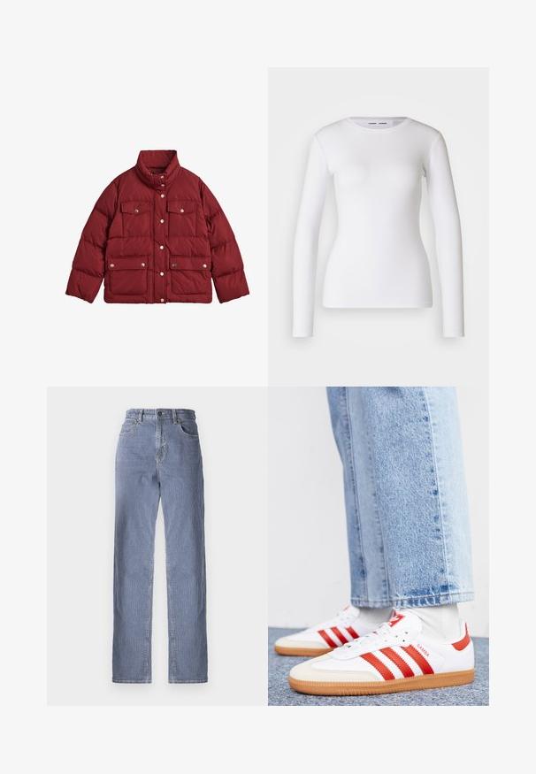 GANT ACTIVE CLOUD - Veste d'hiver - carbernet red; Chemise blanche à manches longues en tissu côtelé, avec un col rond et une coupe cintrée. Aucun motif ni accent présent.; Jeans en denim rayés avec une coupe droite, dotés d'une fermeture à bouton et à zip, de cinq poches et d'un léger dégradé de couleur.; Baskets en cuir blanc avec des rayures et des accents rouges. Dotées d'une semelle extérieure en gomme texturée et d'un col rembourré. Portées avec un jean en denim bleu clair.