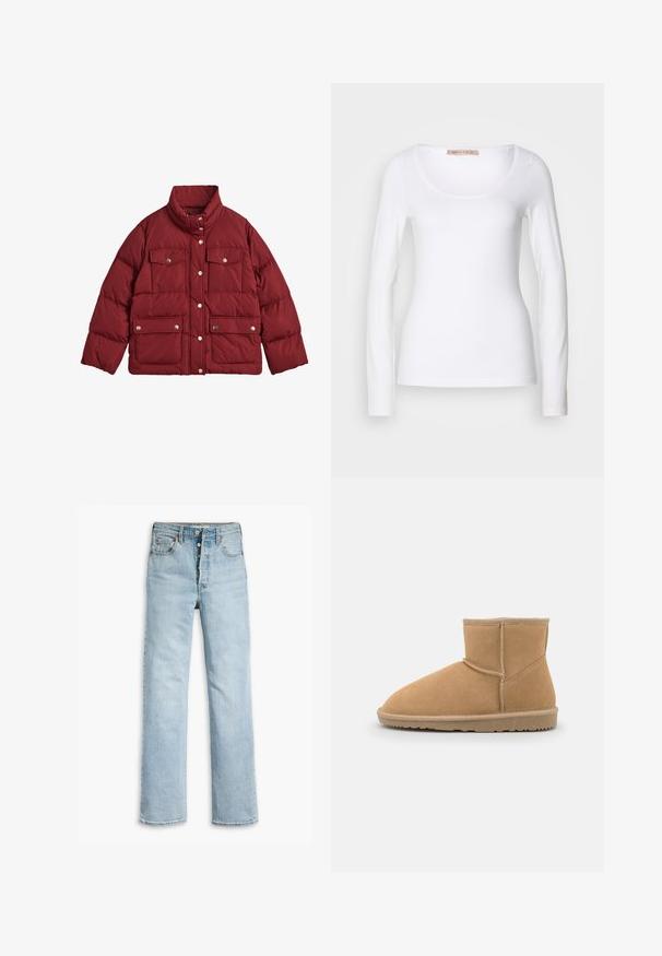 GANT ACTIVE CLOUD - Veste d'hiver - carbernet red; T-shirt en coton blanc à manches longues, avec un col rond et une coupe ajustée, au toucher doux et sans ornement.; Jean en denim bleu clair avec une coupe droite, style cinq poches, boutons en métal, et une texture légèrement vieillie sur le tissu.; Bottine en suede beige avec un bout arrondi et un col rembourré, présentant des coutures contrastantes et une semelle en caoutchouc texturée.
