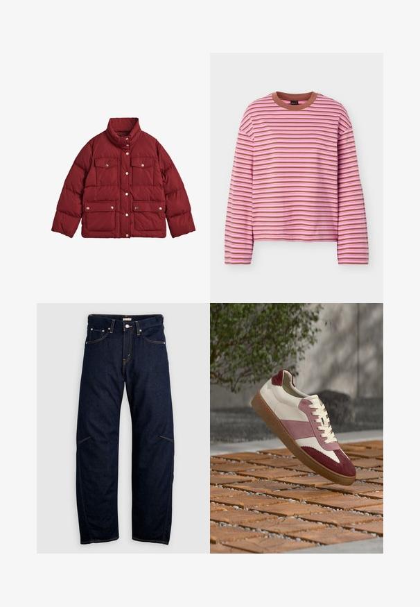 GANT ACTIVE CLOUD - Veste d'hiver - carbernet red; Chemise à manches longues avec des rayures horizontales roses et brunes et un col rond uni marron sur fond blanc.; Jean en denim bleu foncé avec une coupe droite, doté de poches avant et arrière, et des coutures contrastantes jaunes. Aucune décoration visible.; Baskets en cuir blanc avec accents en suède bordeaux et rose, dotées d'une semelle texturée et d'un design classique à lacets, surélevées au-dessus d'une surface en bois.