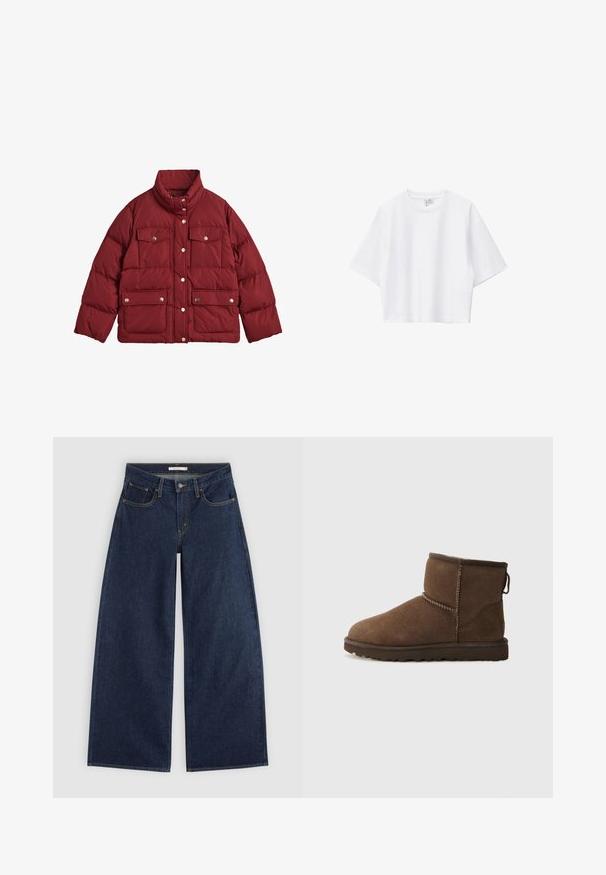 GANT ACTIVE CLOUD - Veste d'hiver - carbernet red; T-shirt blanc court en coton doux, avec col rond, manches courtes et coupe décontractée. Design simple et polyvalent.; Jean denim bleu foncé à jambes larges, avec poches avant, passants de ceinture et fermeture par bouton, présenté à plat sur un fond clair.; UGG CLASSIC MINI II - Bottes de neige - dusted cocoa