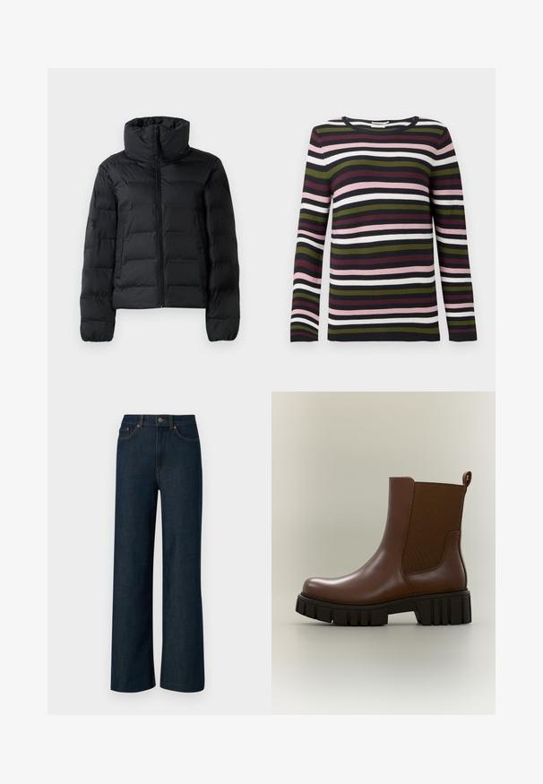 Veste matelassée noire avec un col haut, fermeture éclair sur toute la longueur, design matelassé et poignets élastiques. Texture lisse, matériau léger.; Pull à manches longues rayé en marine, bordeaux, vert, rose et blanc. Texture côtelée avec un col rond et des manches ajustées.; Jean en denim bleu foncé à jambes larges avec des coutures orange contrastantes, cinq poches et une fermeture à bouton. Tissu lisse et texturé.; Bottine en cuir marron avec semelle épaisse noire et épaisse et panneau latéral élastique, conçue pour un usage décontracté ou robuste.