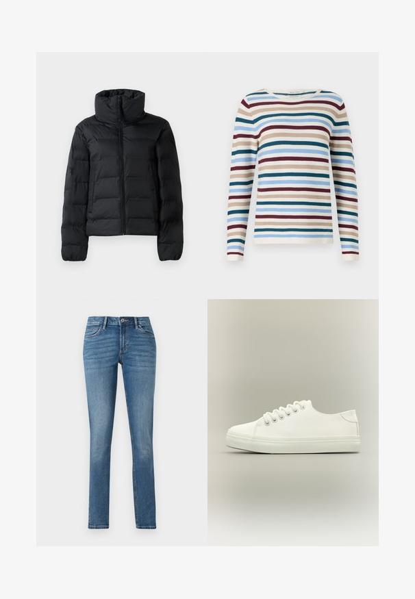 Veste matelassée noire avec un col haut, fermeture éclair sur toute la longueur, design matelassé et poignets élastiques. Texture lisse, matériau léger.; TOM TAILOR NEW OTTOMAN - Pullover - teal-colored; TOM TAILOR TTLENE SLIM FIT - Jean slim - clean mid stone blue denim; Baskets basses blanches avec lacets blancs et semelle en caoutchouc, vues de côté sur un fond neutre.