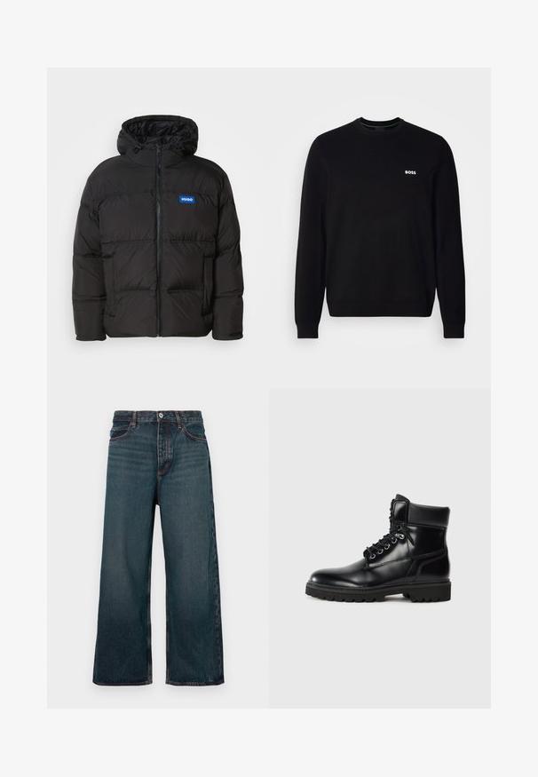 Doudoune noire avec une capuche, fermeture éclair à l'avant et deux poches latérales. Présente des panneaux cousus et un logo bleu "HUGO" sur la poitrine.; Pull en laine noir à manches longues avec un petit logo blanc "BOSS" sur la poitrine gauche, des poignets et un ourlet côtelés, présenté sur un fond blanc.; Jean denim bleu foncé à jambe large avec fermeture à bouton avant, fermeture éclair et design à cinq poches, présenté sur un fond blanc.; Bottine en cuir noir avec une finition brillante, design à lacets, col rembourré et semelle en caoutchouc robuste avec des grips de traction.