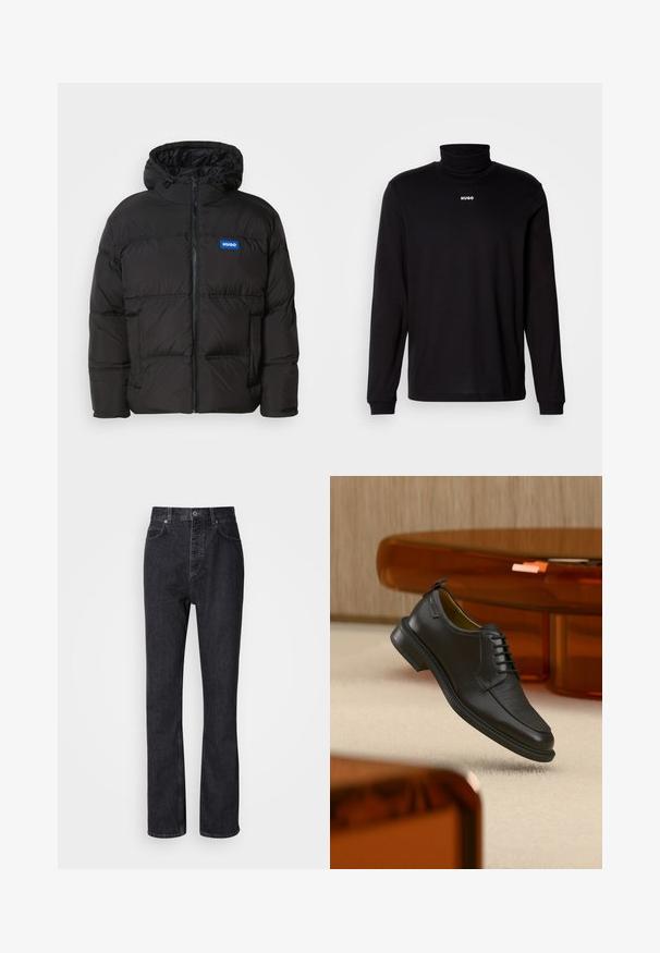 Doudoune noire avec une capuche, fermeture éclair à l'avant et deux poches latérales. Présente des panneaux cousus et un logo bleu "HUGO" sur la poitrine.; T-shirt à col roulé noir à manches longues en tissu lisse, avec un logo "HUGO" blanc sur la poitrine, doté de poignets et d'un ourlet ajustés.; Jean en denim noir taille haute avec fermeture à bouton et à glissière, poches avant et arrière, et coupe droite.; Chaussure habillée noire en cuir à lacets avec devant texturé, flottant au-dessus d'un tapis beige dans une pièce moderne avec des meubles teintés d'ambre.