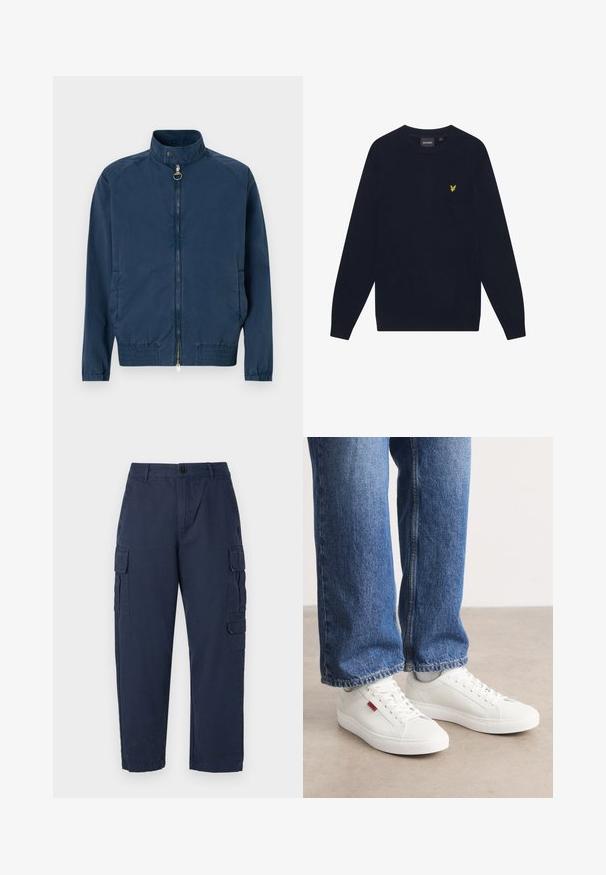 Marineblauwe bomberjack met hoge kraag, rits vooraan, elastieken manchetten en zoom. Gemaakt van lichte textuurstof.; Marineblauwe lange mouwen crewneck sweater met een klein geel geborduurd adelaarslogo op de linker borst.; Marine cargobroek gemaakt van katoen. Beschikt over twee zijzakken, een knoopsluiting en een recht model. Glad textuur en casual pasvorm.; Witte sneakers met een glad oppervlak, ronde neus en platte zool. Vergezeld door blauwe denim jeans met een rechte pasvorm en zichtbare stiksels.