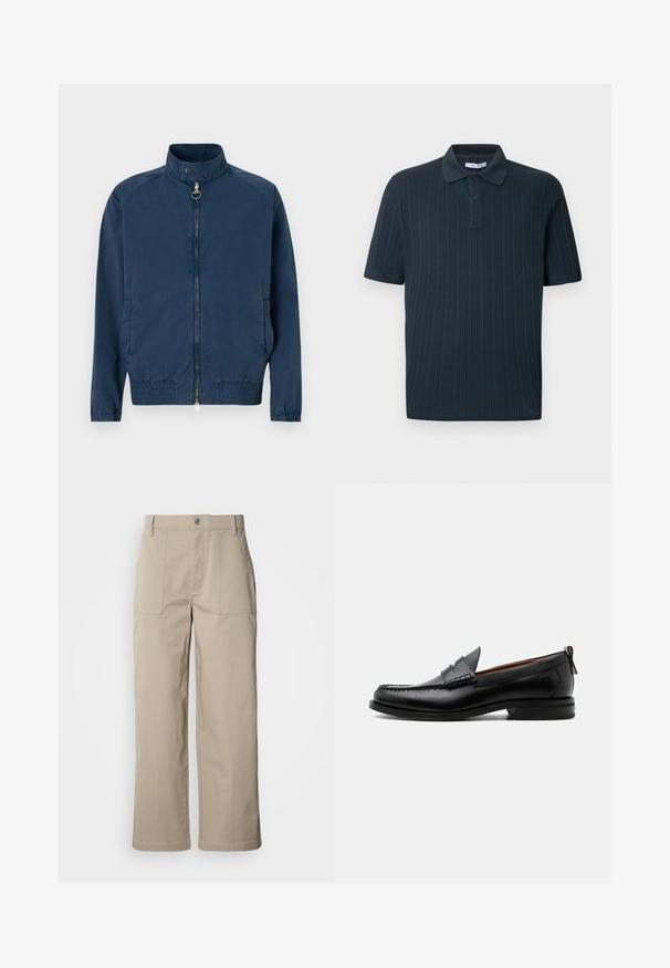 Navyblaue Bomberjacke mit hohem Kragen, Reißverschluss vorne, elastischen Bündchen und Saum. Hergestellt aus leichtem, strukturiertem Stoff.; Marineblaues Polohemd mit kurzen Ärmeln und geripptem Stoff, mit Kragen und einer Leiste mit drei Knöpfen.; Beige Hosen mit weitem Bein aus Baumwolle; mit vorderen aufgesetzten Taschen, einem Knopfverschluss und sichtbaren Nähten entlang der Säume.; Schwarzer Leder-Herrenschuh mit Mokassinnaht, Penny-Riemen, strukturiertem Kragen und niedrigem gestapeltem Absatz auf weißem Hintergrund.