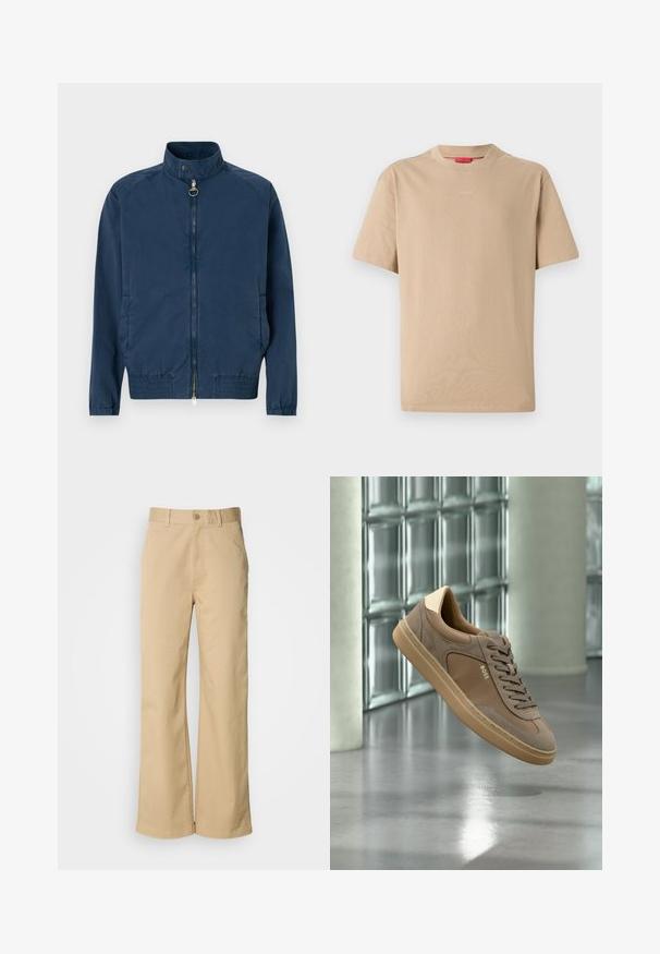 Marineblauwe bomberjack met hoge kraag, rits vooraan, elastieken manchetten en zoom. Gemaakt van lichte textuurstof.; Beige katoenen T-shirt met korte mouwen, ronde hals en subtiele "HUGO"-logo in het midden. Glad textuur, ontspannen pasvorm.; Beige, wijde broek gemaakt van een katoenmix. Voorzien van een knoopsluiting en riemlussen. Soepele textuur, met minimale stikseldetails.; Beige casual sneaker met veters en "BOSS"-logo zwevend boven een gepolierde betonnen vloer met achtergrond van een glazen blokken muur.