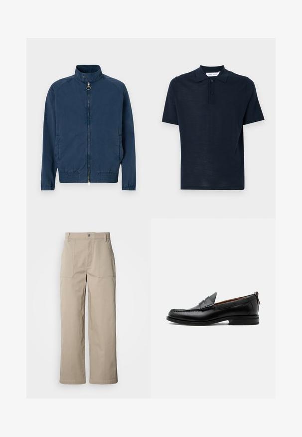 Tumed sinine bomber-jakk kõrge krae, tõmblukk ees, elastsed mansetid ja äär. Valmistatud kergest tekstuurist kangast.; Tumesinise laiga polo-särk, mis on valmistatud pehmest materjalist, lühikeste varrukatega, klassikalise kraega, kolme nööbiga sulgemisega ja lõdva lõikega.; Beežid laia lõikega püksid puuvillast; ees on tikand taskud, nööpidega kinnis ja nähtav õmblus äärte juures.; Mustast nahast meeste mokasiin, millel on moc varbaõmblus, penny rihm, tekstuuriga krae ja madal virnastatud konts valgel taustal.