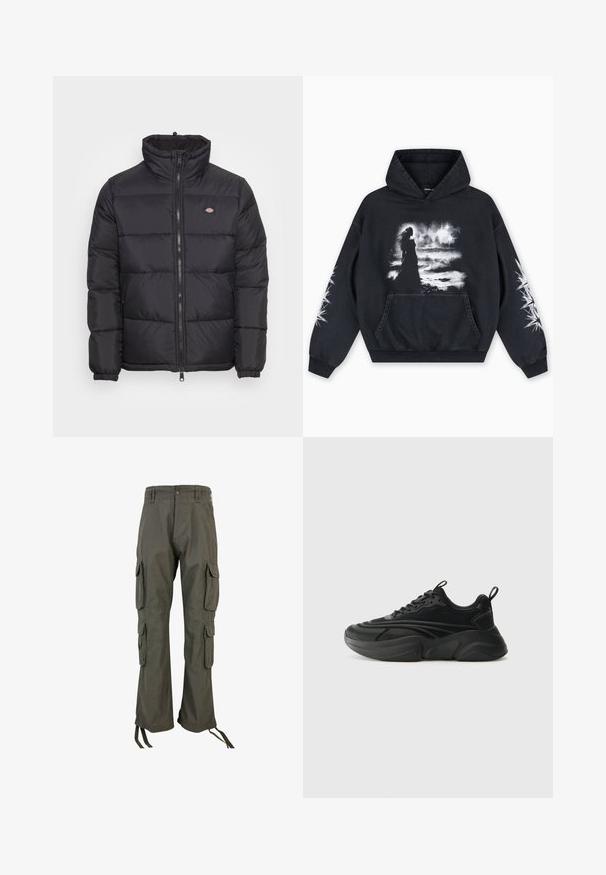 Schwarze Daunenjacke mit hohem Kragen, vorne mit Reißverschluss und elastischen Bündchen. Sie verfügt über gestickte Paneele und ein kleines Logo auf der oberen linken Brust.; Schwarzer Hoodie mit einem vorderen Grafikdruck einer Figur vor einem wolkigen Hintergrund. Enthält eine Kängurutasche und Sternmuster auf den Ärmeln.; Grüne Cargo-Hosen aus einem Baumwoll-Mischgewebe, mit mehreren Seitentaschen, lockerer Passform und verstellbaren Riemen an den Knöcheln.; Schwarze Sportschuhe mit einer runden Sohle, strukturiertem Obermaterial und gepolstertem Kragen. Verfügt über Schnürung, Zuglasche und geschichtete Designelemente.