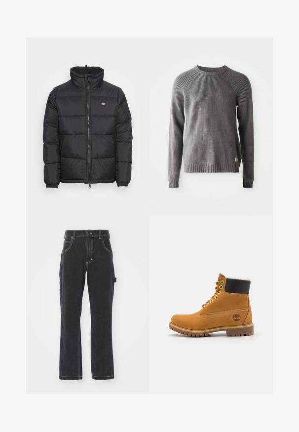 Chaqueta puffer negra con un cuello alto, cremallera frontal y puños elásticos. Presenta paneles cosidos y un pequeño logo en la parte superior del lado izquierdo del pecho.; Suéter de punto acanalado gris con mangas largas y cuello redondo. Presenta una superficie texturizada y una pequeña etiqueta con el logotipo en el dobladillo.; Pantalones cargo de mezclilla negra con diseño de pierna recta, costuras visibles, múltiples bolsillos y detalle de bucle lateral para accesorios.; Botín de cuero marrón con ojales de metal, forro de piel sintética blanca, cuello acolchado negro, suela resistente y logotipo en relieve en el costado.
