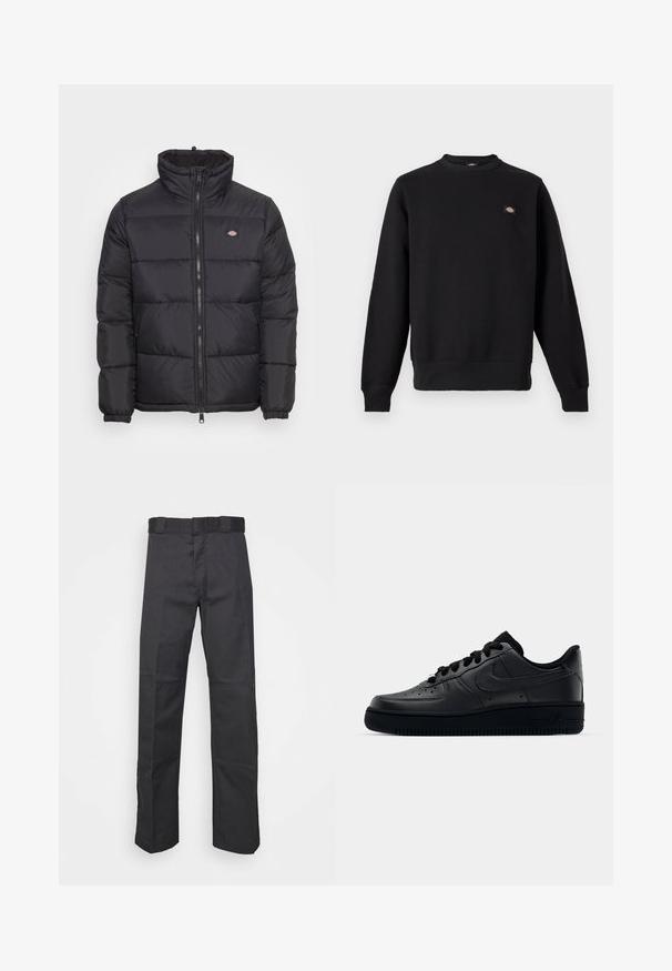Doudoune noire avec un col montant, fermeture éclair à l'avant et poignets élastiques. Présente des panneaux cousus et un petit logo sur le haut de la poitrine gauche.; Sweat-shirt noir à col rond, manches longues, poignets et ourlet côtelés, avec un petit patch rectangulaire avec logo sur la poitrine gauche.; Pantalons noirs en tissu durable, dotés d'une coupe droite, d'une taille avec passants de ceinture et de coutures pour une texture ajoutée.; Baskets Nike Air Force 1 noires avec un dessus en cuir lisse, bout perforé pour la respirabilité, lacets noirs et semelle en caoutchouc texturé.