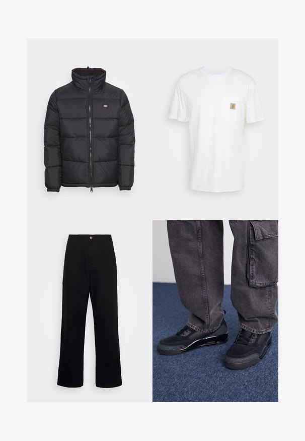 Schwarze Daunenjacke mit hohem Kragen, vorne mit Reißverschluss und elastischen Bündchen. Sie verfügt über gestickte Paneele und ein kleines Logo auf der oberen linken Brust.; Weißes Baumwoll-T-Shirt mit kurzen Ärmeln, einer Brusttasche und einem kleinen quadratischen Logopatch in Orange und Weiß auf der Tasche.; Schwarze Hosen aus schwerem Stoff mit geradem Beinschnitt, Fronttaschen, Reißverschluss und einem einzelnen metallischen Knopfverschluss.; Schwarze Sportschuhe mit einer strukturierten Oberfläche, glatten Akzenten und einer chunky Sohle, kombiniert mit dunklen, lässig sitzenden Cargo-Hosen.