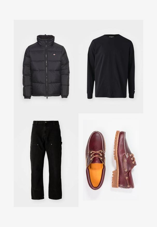 Chaqueta puffer negra con un cuello alto, cremallera frontal y puños elásticos. Presenta paneles cosidos y un pequeño logo en la parte superior del lado izquierdo del pecho.; Camiseta negra de manga larga hecha de algodón, con un escote redondo y corte recto, que presenta un pequeño detalle de logo en la manga.; Pantalones cargo de mezclilla negros con un ajuste relajado, que cuentan con dos bolsillos frontales, bolsillos laterales y detalles de costura visibles.; Zapatos de cuero burdeos con suelas de goma marrón, puntera redonda, costuras blancas y ojales dorados. El interior cuenta con un forro amarillo.