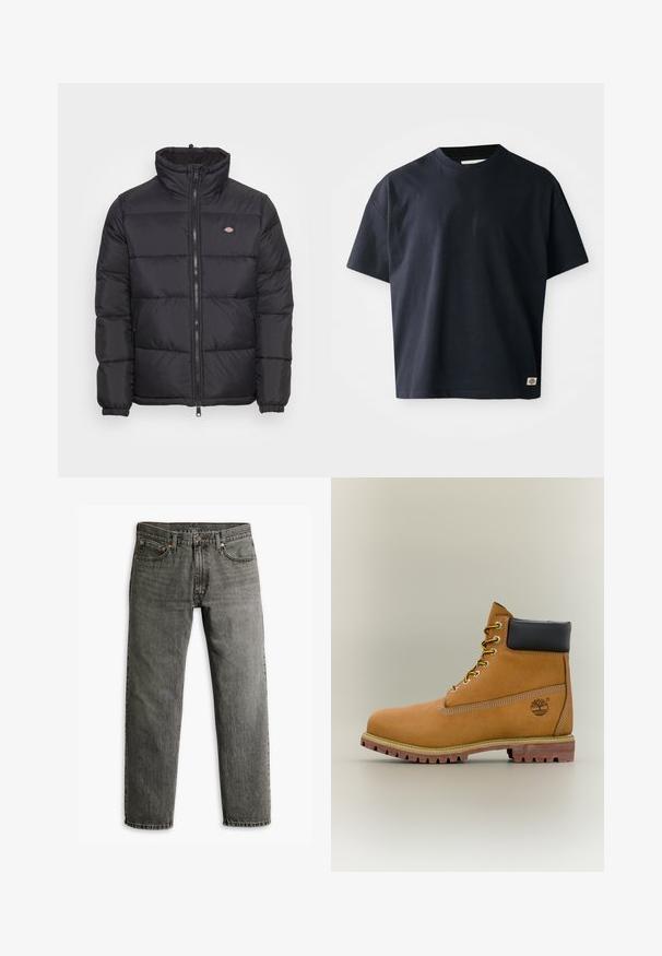 Schwarze Daunenjacke mit hohem Kragen, vorne mit Reißverschluss und elastischen Bündchen. Sie verfügt über gestickte Paneele und ein kleines Logo auf der oberen linken Brust.; Navy-blaues T-Shirt mit kurzen Ärmeln und Rundhalsausschnitt, mit einem kleinen rechteckigen Markenlogo nahe dem unteren Saum auf der Vorderseite rechts.; Graue Jeans aus Denim mit geradem Bein, klassischem Fünf-Taschen-Design und dezenten Nähten an den Säumen und Taschen.; Brauner Leder-Stiefelette mit schwarzem Kragen, gelben Schnürsenkeln und hellbrauner Sohle. Verfügt über ein Logo und weiße Ziernähe. Robuste Profilsohle.