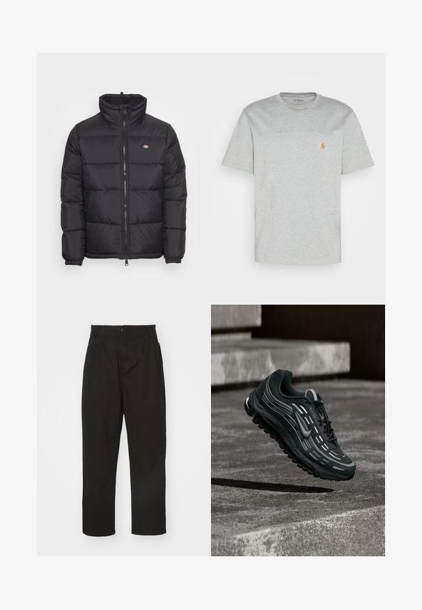 Schwarze Daunenjacke mit hohem Kragen, vorne mit Reißverschluss und elastischen Bündchen. Sie verfügt über gestickte Paneele und ein kleines Logo auf der oberen linken Brust.; Graues Baumwoll-T-Shirt mit kurzen Ärmeln und Rundhalsausschnitt. Mit einer linken Brusttasche und einem kleinen Markenlogo in Orange auf der Tasche.; Schwarze Hose aus glattem Stoff, mit Knopfverschluss, geradem Schnitt und zwei vorderen Falten für zusätzlichen Detail.; Schwarzer und grauer Nike Air Max Sneaker, der über graue Betonstufen mit strukturiertem Bodenhintergrund schwebt.