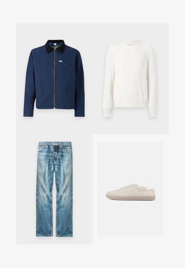 Marineblaue Jacke mit einem Cordkragen, vorderem Reißverschluss, zwei seitlichen Taschen und einem kleinen Markenetikett auf der Brust. Textur aus Baumwollstoff.; Weißer gerippter Pullover mit rundem Halsausschnitt, überschnittenen Schultern und langen Ä sleeves. Verfügt über strukturierten Stoff und einen geraden Saum.; Hellblaue, ausgewaschene Jeans aus Denim mit geradem Bein, Vorderhosentaschen, Gürtelschlaufen und einem Knopfverschluss.; Beiger Wildleder-Sneaker mit strukturiertem Obermaterial, glattem weißen Fersenbereich, dünnen Schnürsenkeln und Gummisohle. Verfügt über ein flaches Design.