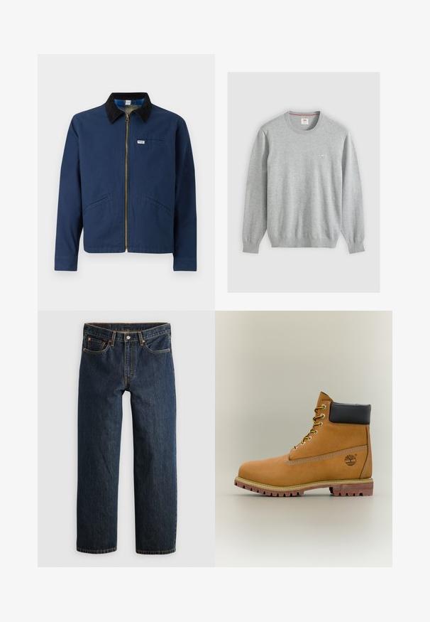 Marineblauwe jas met een corduroy kraag, voorrits, twee zijzakken en een klein merkembleem op de borst. Katoenen stof structuur.; Lichtgrijze trui met ronde hals, lange mouwen, geribbelde manchetten en zoom, en een klein logo op de linkerborst.; Donkerblauwe denim jeans met een rechte pijp. Voorzien van vijf zakken, contrasterende stiksels en een knoopsluiting in de taille.; Bruine leren enkellaars met zwarte kraag, gele veters en een zandkleurige zool. Voorzien van een logo en witte stikseldetails. Robuuste loopzool met grip.
