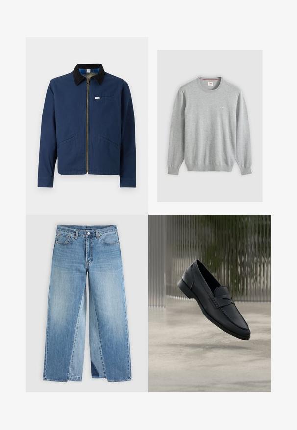 Marineblaue Jacke mit einem Cordkragen, vorderem Reißverschluss, zwei seitlichen Taschen und einem kleinen Markenetikett auf der Brust. Textur aus Baumwollstoff.; Hellgrauer Pullover mit Rundhalsausschnitt, langen Ärmeln, gerippten Bündchen und Saum sowie einem kleinen Logo auf der linken Brustseite.; Jeans mit geradem Bein aus blauem Denim, klassischem Fünf-Taschen-Design und vorderem Knopfverschluss, flach auf neutralem Hintergrund dargestellt.; Schwarzer Lederloafer mit glatter Oberfläche, spitzer Zehenpartie und gestickten Details über dem Spann. Niedriger Absatz und minimalistisches Design.