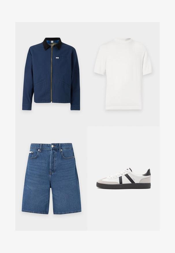 Veste bleu marine avec un col en velours côtelé, fermeture éclair à l'avant, deux poches latérales et une petite étiquette de marque sur la poitrine. Texture en coton.; T-shirt en tricot blanc à manches courtes avec un col rond, présentant une texture lisse et des accents côtelés au niveau du col et de l'ourlet.; Short en denim bleu clair avec fermeture éclair devant, bouton, passants de ceinture et cinq poches, présenté sur fond blanc uni.; Baskets blanches avec des accents noirs et gris, présentant un embout texturé gris, une semelle en caoutchouc noir et des lacets plats blancs. Design épuré, style minimaliste.