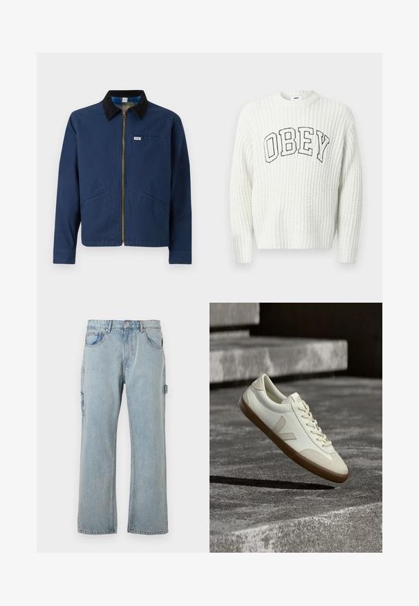 Marineblauwe jas met een corduroy kraag, voorrits, twee zijzakken en een klein merkembleem op de borst. Katoenen stof structuur.; Witte gebreide trui met "OBEY" in zwarte letters over de borst, met een geribbelde textuur en een ronde hals.; Lichtblauwe denim cargobroek met een relaxte pasvorm, voorzien van zijzakken, een rechte pijp ontwerp en zichtbare stikdetails.; Witte leren sneakers met een bruine rubberen zool, platte veters en een V-vormig accent aan de zijkant. Ze hebben een glad oppervlak en minimale stikdetails.