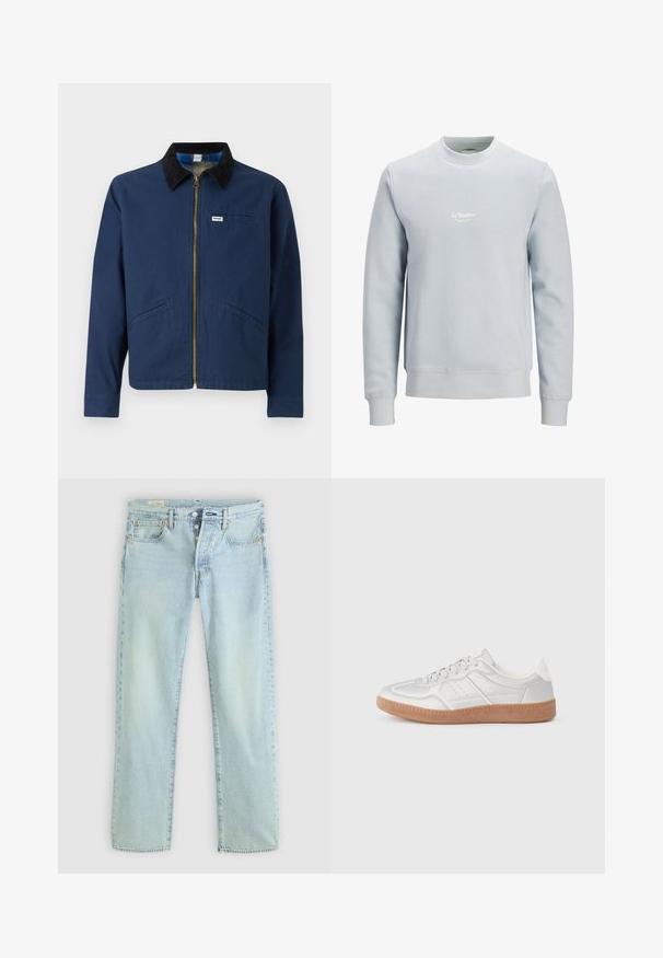 Chaqueta azul marino con cuello de pana, cremallera frontal, dos bolsillos laterales y una pequeña etiqueta de la marca en el pecho. Textura de tela de algodón.; Sudadera azul claro con cuello redondo, mangas largas y pequeño logo blanco "JJ Studios" centrado en el pecho.; Jeans de mezclilla de un azul claro con corte recto, cinco bolsillos, cierre de botones y un leve desvanecimiento. Presenta detalles de costura y remaches de cobre.; Zapatillas plateadas con una textura suave, diseño de cordones, acentos perforados y una suela de goma marrón texturizada.