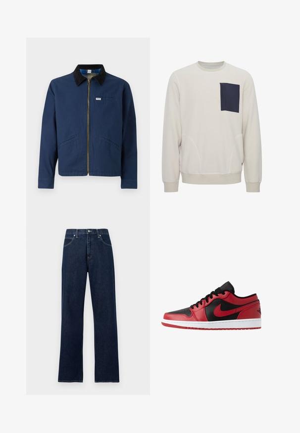 Marineblå jakke med fløjlskrave, frontlynlås, to sidelommer og et lille mærke på brystet. Bomuldsstofstruktur.; Flødefarvet fleece sweatshirt med en marineblå brystlomme. Har ribbede manchetter og kant samt buede syninger.; Mørkeblå denimjeans med lige ben, fem lommer, bæltestropper og lukning med knap og lynlås foran.; Jordan AIR JORDAN 1 - Sneakers - gym red/black/white