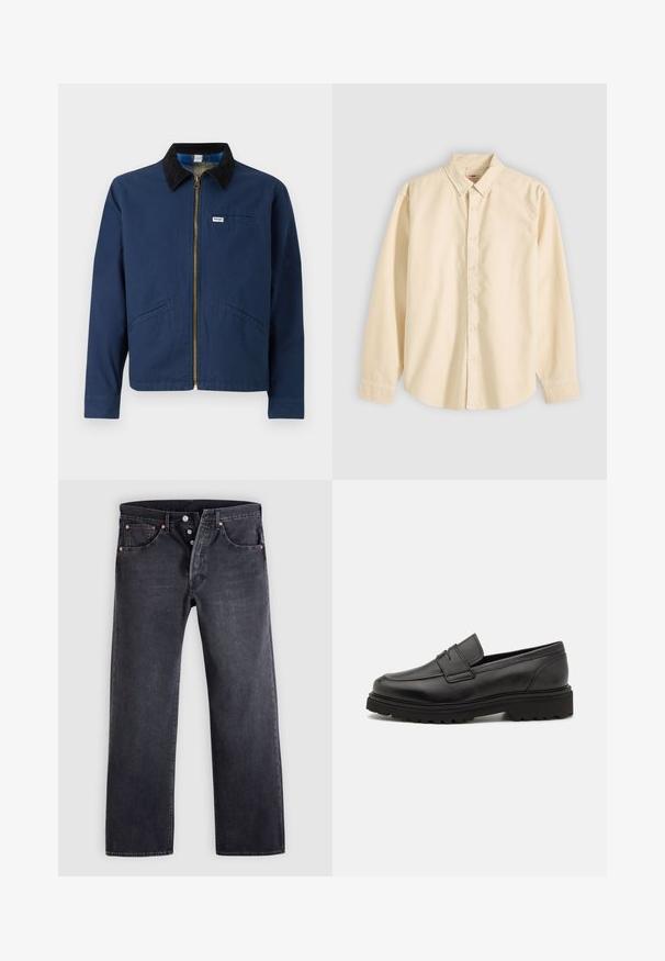 Chaqueta azul marino con cuello de pana, cremallera frontal, dos bolsillos laterales y una pequeña etiqueta de la marca en el pecho. Textura de tela de algodón.; Camisa beige de manga larga con botones y cuello, mostrada plana con los botones abrochados y los puños cerrados sobre un fondo claro.; Jeans vaqueros negros de corte recto, diseño de cinco bolsillos y detalles de botones de cobre. Textura suave con un acabado ligeramente desgastado.; Mocasín de cuero negro con punta redonda, detalles de costura y suela gruesa y texturizada. Presenta un diseño elegante y minimalista.