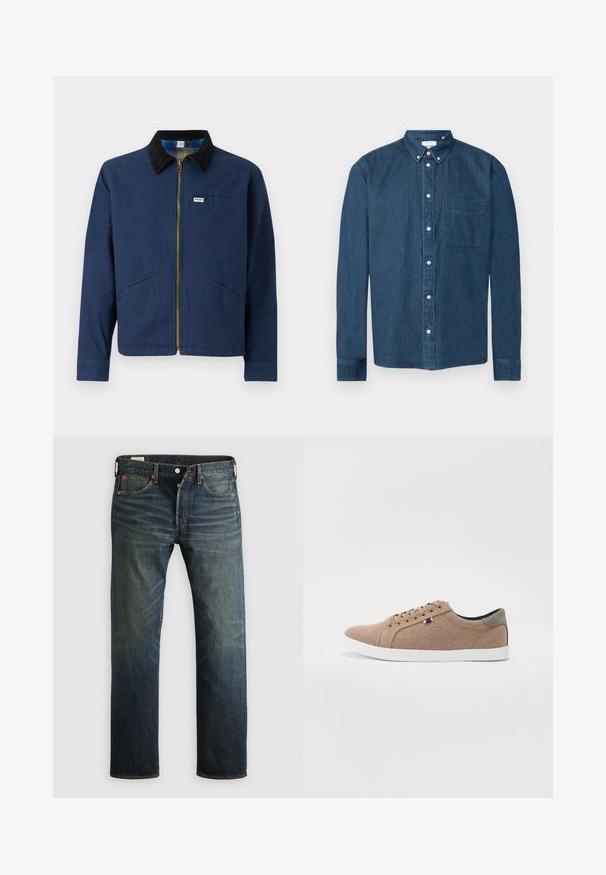 Marineblaue Jacke mit einem Cordkragen, vorderem Reißverschluss, zwei seitlichen Taschen und einem kleinen Markenetikett auf der Brust. Textur aus Baumwollstoff.; Knopfbares dunkelblaues Denim-Hemd mit langen Ärmeln, einer Brusttasche links und einem Button-Down-Kragen, dargestellt vor weißem Hintergrund.; Dunkelblaue Denim-Jeans mit geradem Schnitt, fünf Taschen und Kupfennieten. Der Stoff hat ein leicht ausgewaschenes Finish, das Textur und Maserung zeigt.; Beige Leinensneaker mit einem Low-Top-Design, weißer Gummisohle und runden Schnürsenkeln. Mit kontrastierenden grauen Akzenten an der Ferse und einem Logo-Detail.