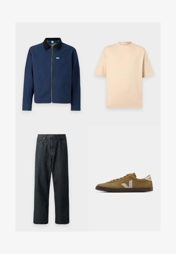 Marineblå jakke med fløjlskrave, frontlynlås, to sidelommer og et lille mærke på brystet. Bomuldsstofstruktur.; Beige oversize kortærmet T-shirt med rund hals og minimal syning på en lys grå baggrund.; Mørk denimjeans med lige bendesign, der har en traditionel fem-lommeopbygning og en metalknaplukning i taljen.; Brune ruskinds sneakers med beige accenter, der har rund tå, tekstureret overflade, flade snørebånd og mørk gummisål.