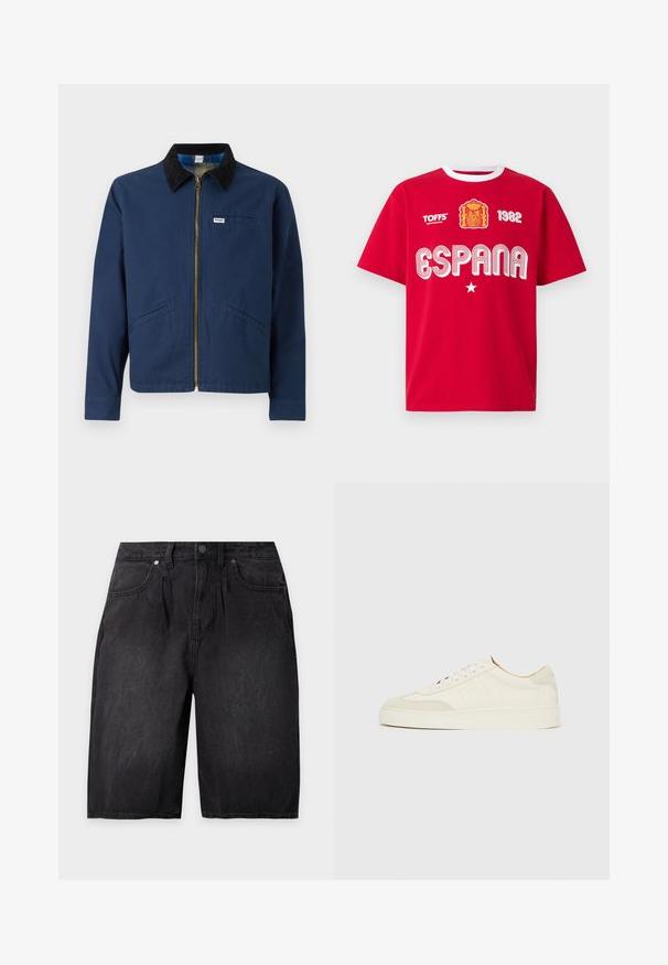 Veste bleu marine avec un col en velours côtelé, fermeture éclair à l'avant, deux poches latérales et une petite étiquette de marque sur la poitrine. Texture en coton.; T-shirt rouge à manches courtes avec col blanc, présentant les armoiries de l'Espagne, « ESPANA », « 1982 », une étoile et le texte « TOFFS Made in Great Britain ».; Short en jean noir avec poches avant, passants de ceinture et fermeture par bouton, présenté sur un fond clair uni.; Baskets en daim blanc à finition lisse, embout rond, design lacé plat, avec des accents texturés contrastants. Comprend un détail de logo subtil.