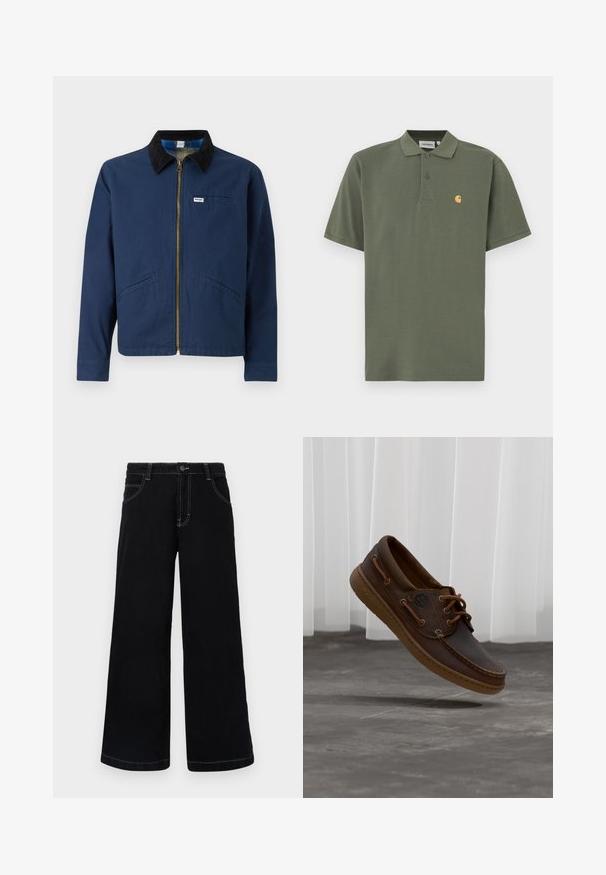 Marineblaue Jacke mit einem Cordkragen, vorderem Reißverschluss, zwei seitlichen Taschen und einem kleinen Markenetikett auf der Brust. Textur aus Baumwollstoff.; Olivgrünes Poloshirt aus Baumwolle mit einem Kragen, zwei Knöpfen und einem kleinen gelben Logo auf der linken Brustseite. Kurzärmlig.; Schwarze weit geschnittene Jeanshose aus Denim, mit Knopfverschluss, fünf Taschen und kontrastierendem weißen Nähten entlang der Nähte.; Brauner Leder-Bootsschuh mit Schnürsenkeln, Timberland-Logo an der Seite, schwebt über einem grauen gefliesten Boden vor weißen vertikalen Jalousien.