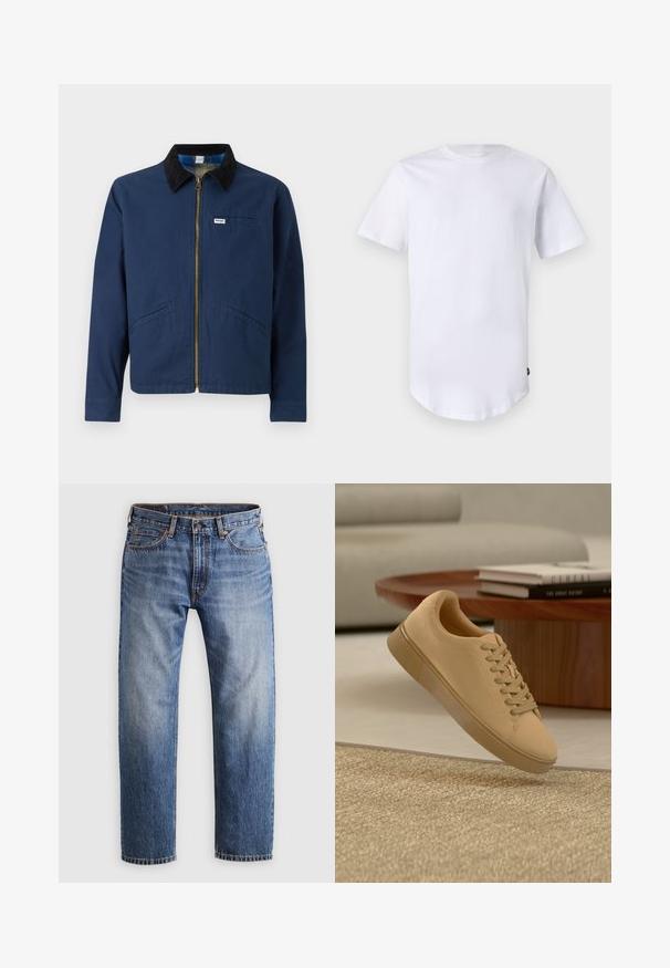 Chaqueta azul marino con cuello de pana, cremallera frontal, dos bolsillos laterales y una pequeña etiqueta de la marca en el pecho. Textura de tela de algodón.; Camiseta blanca de manga corta hecha de algodón. Diseño de cuello redondo con dobladillo curvado. Etiqueta visible en el lado inferior izquierdo. Textura suave.; Jeans de denim azul de pierna recta con cierre de botón y cremallera, cinco bolsillos y costuras naranjas sobre un fondo gris claro.; Zapatilla beige con cordones flotando sobre una alfombra texturizada con una mesa de café de madera y libros apilados en un fondo desenfocado.