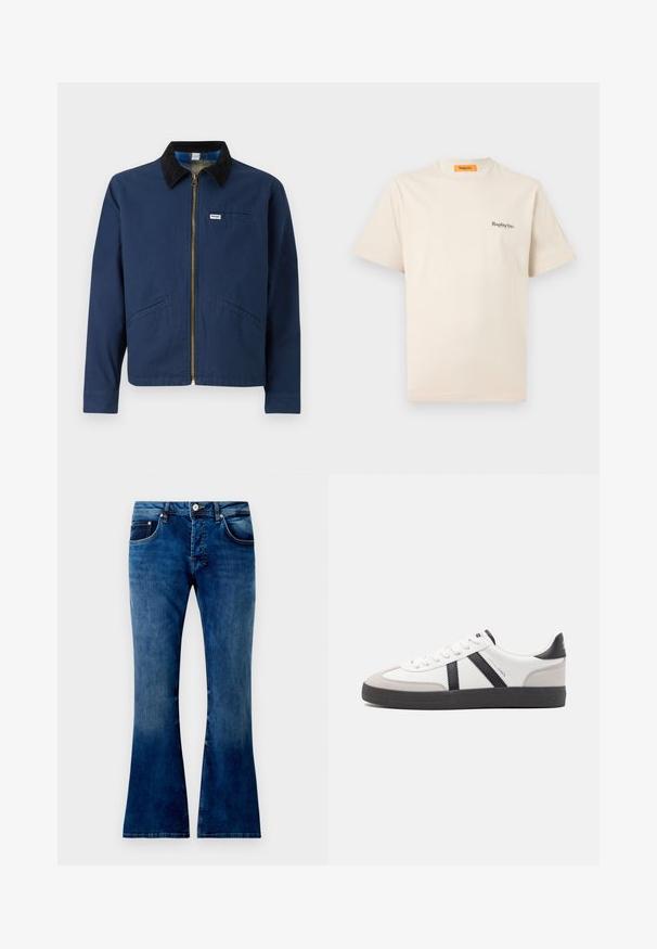 Tummansininen takki, jossa on cockeettikaulus, etuvetoketju, kaksi sivutaskua ja pieni merkkilappu rinnassa. Puuvillakangas.; Replay Inc. ESSENTIAL LOGO UNISEX - T-paita - ivory; Valkoiset siniset farkut jotka on leviset laikkuut, medium-pesua, sisältäen viisi taskua, nappisuljenta ja näkyvät tikkaus. Liukas pinta, jossa on hieno haalistuminen.; Valkoiset lenkkarit mustilla ja harmailla yksityiskohdilla, joissa on teksturoitu harmaa kärki, musta kumipohja ja litteät valkoiset nauhat. Siisti muotoilu, minimalistinen tyyli.