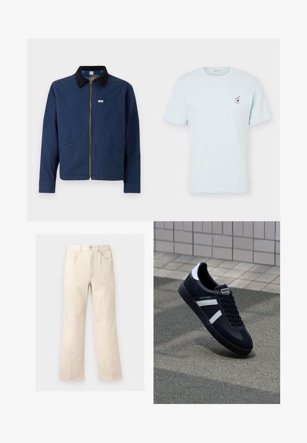 Marineblaue Jacke mit einem Cordkragen, vorderem Reißverschluss, zwei seitlichen Taschen und einem kleinen Markenetikett auf der Brust. Textur aus Baumwollstoff.; Hellblaues T-Shirt mit kurzen Ärmeln mit kleinem besticktem Saftkarton und Herz auf der linken Brust, Rundhalsausschnitt, schlichtes Design.; Beige, gerade geschnittene Hose mit Fronttaschen, Gürtelschlaufen, Knopfverschluss und Reißverschluss, vor einem schlichten Hintergrund präsentiert.; Schwarze Leder-Sneaker mit weißen Streifen, strukturiertem Gummisohle und Schnürung. Verfügt über ein Markenetikett auf der Zunge.