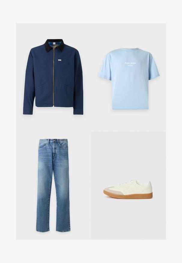 Marineblaue Jacke mit einem Cordkragen, vorderem Reißverschluss, zwei seitlichen Taschen und einem kleinen Markenetikett auf der Brust. Textur aus Baumwollstoff.; Hellblaues T-Shirt mit kurzen Ärmeln und weißem Schriftzug "Pepe Jeans London" mittig auf der Brust vor einfachem Hintergrund.; Gerade geschnittene blaue Denim-Jeans mit Frontknopf und Reißverschluss, vorne und hinten Taschen, gezeigt vor einem einfarbigen hellen Hintergrund.; Sneaker aus weißem Leder mit einer beigen Zehenkappe und leichter brauner Gummisohle. Verfügt über flache weiße Schnürsenkel und geprägtes Branding an der Seite.