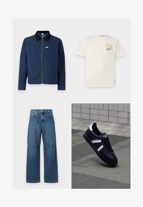Marineblauwe jas met een corduroy kraag, voorrits, twee zijzakken en een klein merkembleem op de borst. Katoenen stof structuur.; Witte T-shirt met korte mouwen en kleine gele en zwarte tekst op de linkerborst met de tekst "REPLAY OFFICINA Servizio Riparazioni."; Blauwe denim jeans met een relaxte pasvorm, rechte pijpen, zichtbare stiksels en een sluiting met een voorste knop. Heeft een zijzak met een accent.; Zwarte leren sneaker met witte strepen, een gestructureerde rubberen zool en vetersluiting aan de voorkant. Voorzien van een merklabel op de tong.