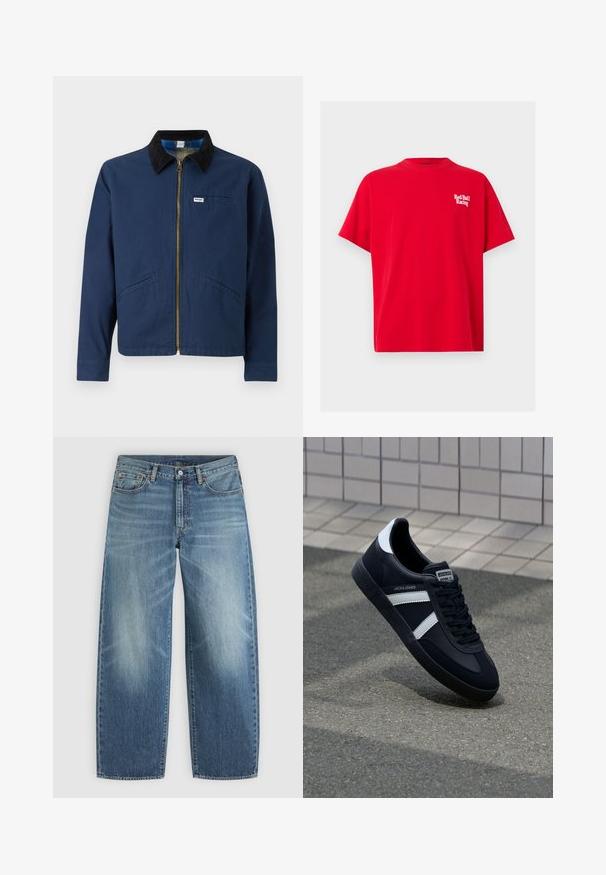 Chaqueta azul marino con cuello de pana, cremallera frontal, dos bolsillos laterales y una pequeña etiqueta de la marca en el pecho. Textura de tela de algodón.; Camiseta roja de manga corta con cuello redondo y logo blanco de "Red Bull Racing" en el pecho izquierdo.; Vaqueros de denim azul con corte de pierna recta, botón y cremallera delanteros, y estilo con cinco bolsillos.; Zapatilla de cuero negra con rayas blancas, suela de goma texturizada y parte frontal con cordones. Cuenta con una etiqueta de marca en la lengüeta.