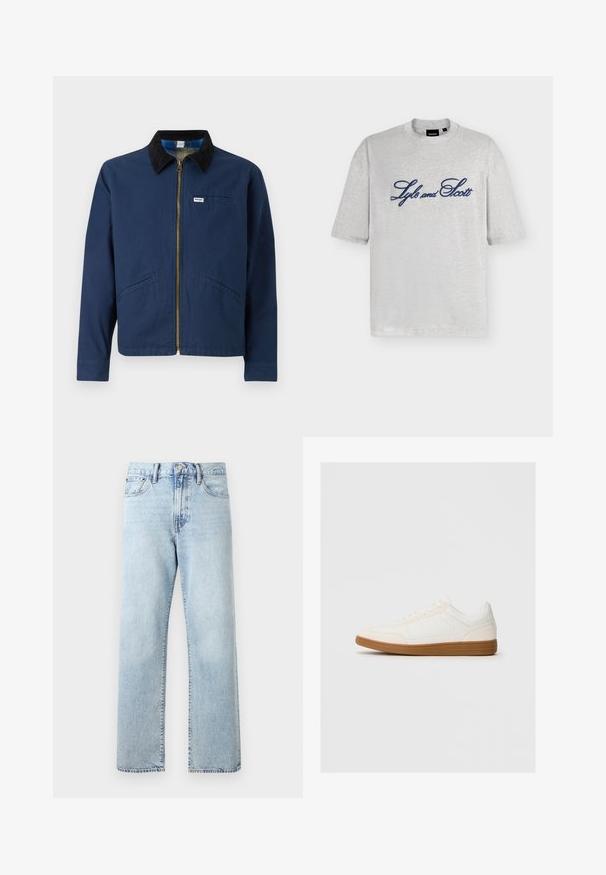 Veste bleu marine avec un col en velours côtelé, fermeture éclair à l'avant, deux poches latérales et une petite étiquette de marque sur la poitrine. Texture en coton.; T-shirt gris clair à manches courtes avec le texte "Lyle and Scott" en bleu marine, en écriture cursive, centré sur la poitrine.; Jean en denim bleu clair taille haute à jambes droites avec poches avant, fermeture par boutons et passants de ceinture sur fond uni.; Baskets blanches avec un capuchon en daim, un dessus en synthétique lisse et une semelle en caoutchouc marron. Présente des perforations sur les côtés pour une meilleure respirabilité.