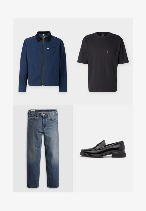 Marineblauwe jas met een corduroy kraag, voorrits, twee zijzakken en een klein merkembleem op de borst. Katoenen stof structuur.; Zwart T-shirt met korte mouwen en ronde hals, voorzien van een borstzakje met een klein rood Levi's logo tabje op het zakje, tegen een effen lichte achtergrond.; Donkerblauwe spijkerbroek van denim met een losse pasvorm, rechte pijpen, vijf steekzakken en subtiele vervaging op de dijen. Zilveren knoop en klinknagels.; Zwarte leren instappers met een afgeronde neus, voorzien van een gestikte detail over de wreef, en een lage blokhak. Glad textuur en glanzende afwerking.