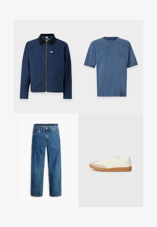 Marineblauwe jas met een corduroy kraag, voorrits, twee zijzakken en een klein merkembleem op de borst. Katoenen stof structuur.; Effen blauw T-shirt met korte mouwen en een ronde hals, een losse pasvorm en zichtbare stiksels op de mouwen en zoom tegen een witte achtergrond.; Blauwe denim jeans met rechte pijpen, voorzakken, riemlussen, metalen knoop en rits aan de voorkant, op een witte achtergrond.; Schoen gemaakt van wit leer met een beige teenkap en een lichtbruine rubberen zool. Voorzien van platte witte veters en reliëfbranding aan de zijkant.