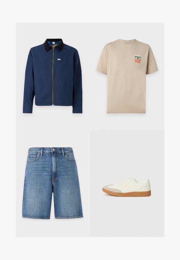 Chaqueta azul marino con cuello de pana, cremallera frontal, dos bolsillos laterales y una pequeña etiqueta de la marca en el pecho. Textura de tela de algodón.; Camiseta beige de manga corta con un pequeño gráfico multicolor en el pecho que muestra un ojo, rayas naranjas y la palabra "AMOR".; Pantalones cortos de mezclilla azul con botón delantero, trabillas para cinturón y bolsillos delanteros, mostrados sobre un fondo blanco liso.; Zapatilla de cuero blanca con puntera beige y suela de goma marrón claro. Presenta cordones planos blancos y una marca en relieve en el lateral.