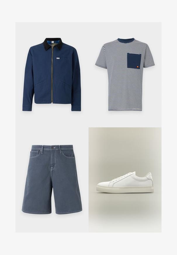 Marineblauwe jas met een corduroy kraag, voorrits, twee zijzakken en een klein merkembleem op de borst. Katoenen stof structuur.; Ellesse HIRST TEE - T-shirt print - navy; Donkerblauwe katoenen shorts met witte stiksels, vijf zakken en een knoopsluiting in de taille. Rechte pijpen, minimale details.; Witte lage sneaker met veters aan de voorkant en dikke zool, zijaanzicht tegen een neutrale achtergrond.