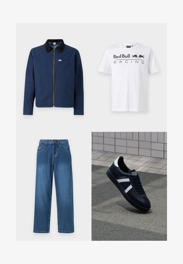 Chaqueta azul marino con cuello de pana, cremallera frontal, dos bolsillos laterales y una pequeña etiqueta de la marca en el pecho. Textura de tela de algodón.; Red Bull Racing x Pepe Jeans TEAM LOGO - Camiseta estampada - white; Vaqueros de mezclilla en un lavado azul medio, con un diseño de pierna recta, cinco bolsillos y acentos de costura amarilla.; Zapatilla de cuero negra con rayas blancas, suela de goma texturizada y parte frontal con cordones. Cuenta con una etiqueta de marca en la lengüeta.