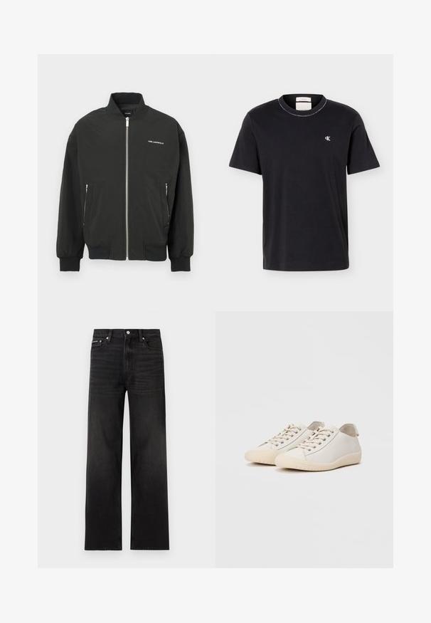 Veste bomber noire avec fermeture éclair à l'avant, deux poches latérales, poignets et ourlet côtelés, avec le logo blanc "KARL LAGERFELD" sur la poitrine.; T-shirt noir à manches courtes et col rond avec petit logo blanc "cK" sur le côté gauche de la poitrine, coupe classique, design simple.; Jean noir droit avec cinq poches, passants pour ceinture et fermeture par bouton, présenté sur un fond blanc.; Baskets blanches en cuir lisse avec des coutures ton sur ton, fermeture à lacets, bout arrondi et semelle en caoutchouc texturée.